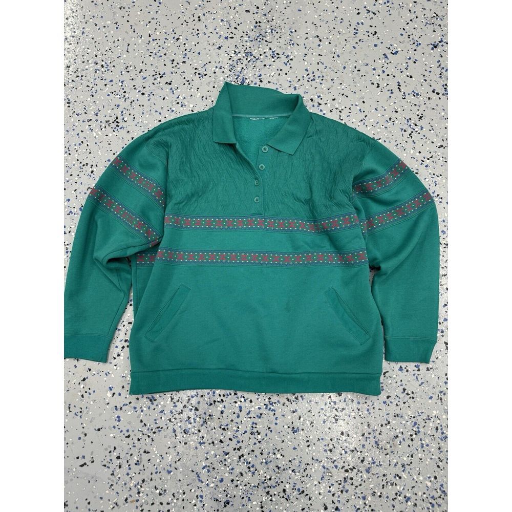 Vintage Teal Aztec Sweater 1/4‎ Button Rare Unbranded XL Men's Cotton
